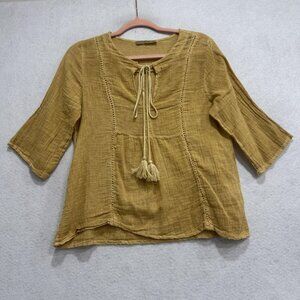 Made in Italy Linen Cotton Peasant Blouse Womens Large Mustard Tie Tassel Boho